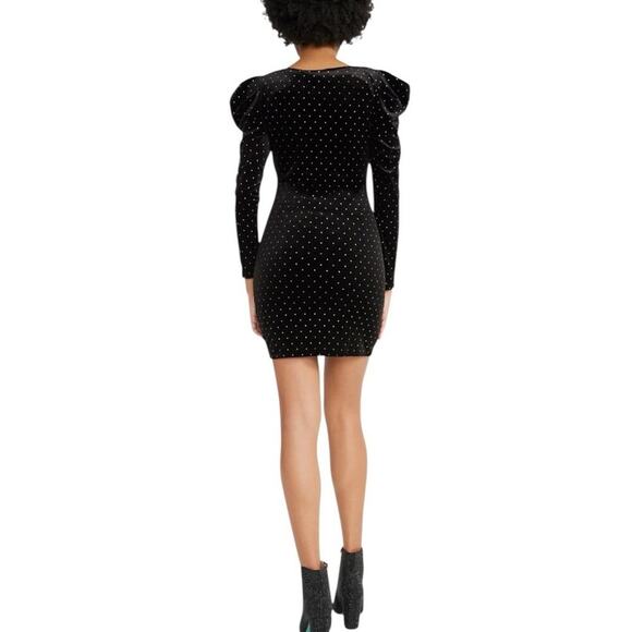 Betsey Johnson Black Velvet Dress M Power Sleeve Metallic Silver Dot Whimsigoth - Picture 6 of 16